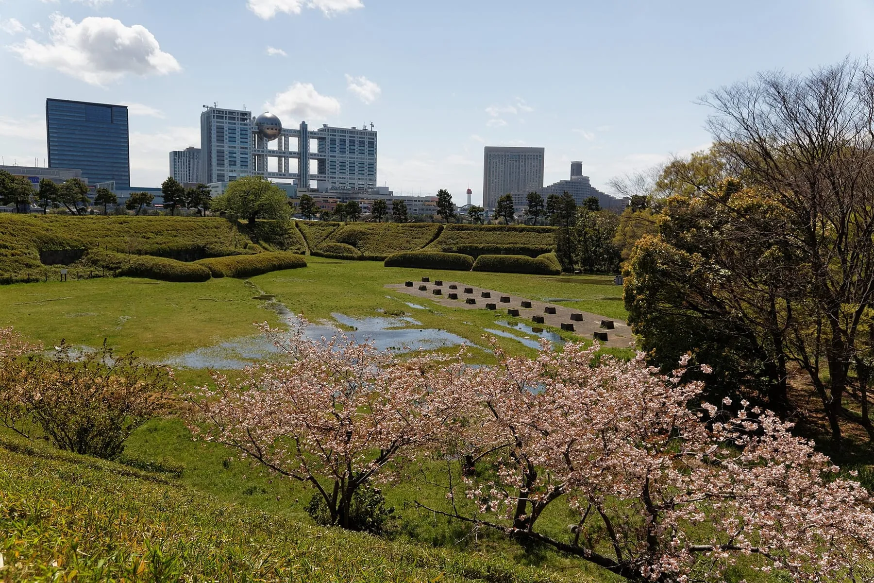 The grounds of Daiba Park, with the Fuji TV building across the water