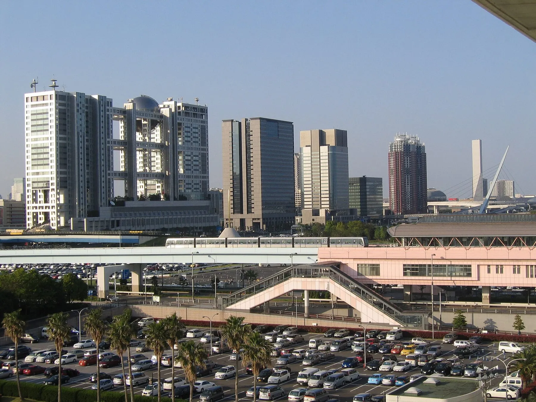 Odaiba seen from above by day, with the Fuji TV building visible