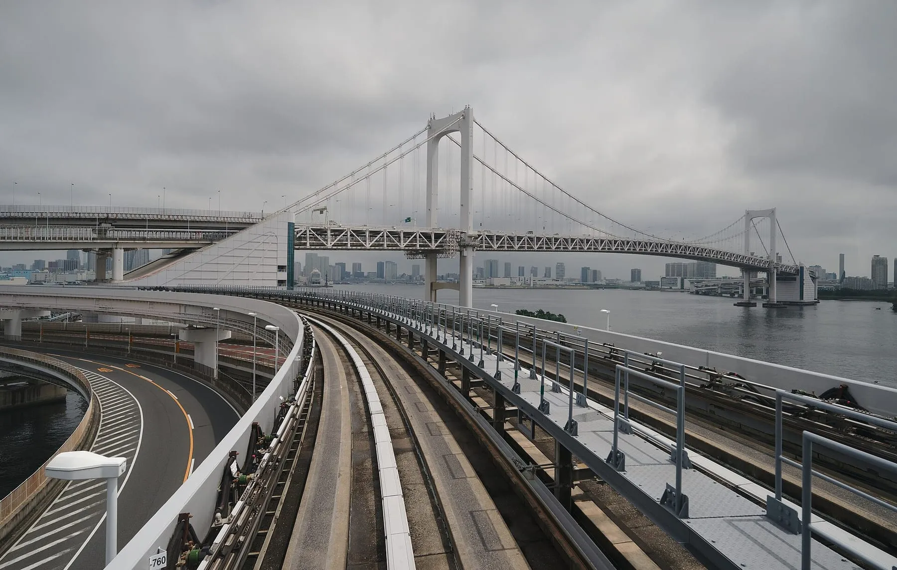 Rainbow Bridge seen from the front window of a Yurikamome train on the Shibaura loop